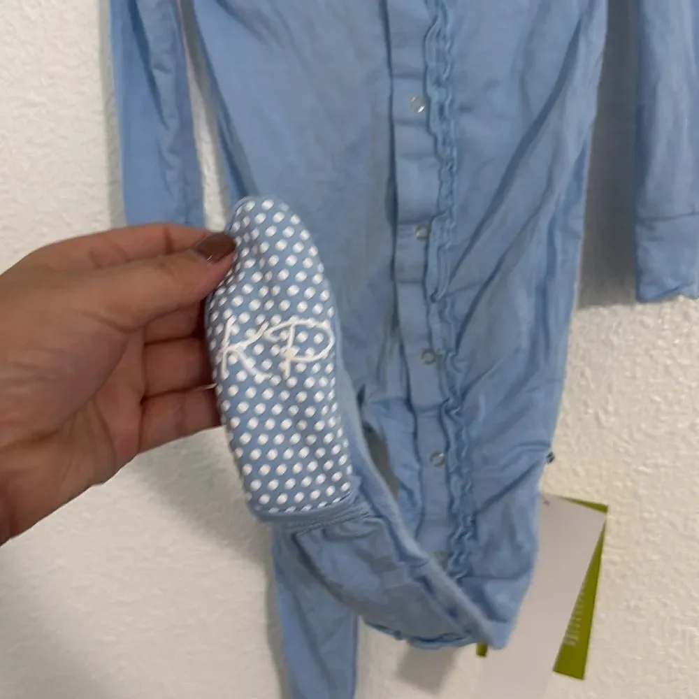 NWT-Kickee Pants-light blue snap footie overall-muffin ruffle -Size 12-18 months